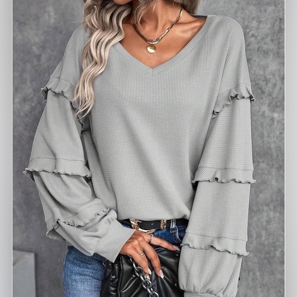 The Julie Collection Tops - Boho Waffle Knit Top With Ruffle Sleeve Women’s Large Hipster Oversized Hipster